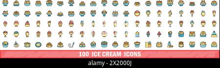 100 ice cream icons set. Color line set of ice cream vector icons thin line color flat on white Stock Vector