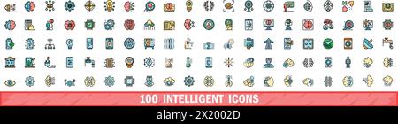 100 intelligent icons set. Color line set of intelligent vector icons thin line color flat on white Stock Vector