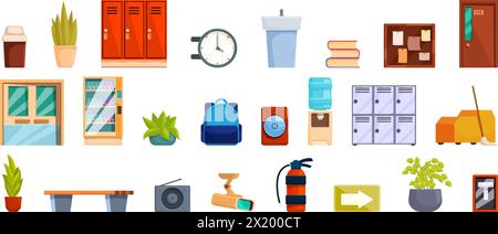 School hallway icons set cartoon vector. Alarm bell. Vending machine Stock Vector
