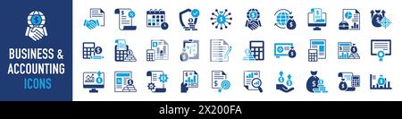 Business and accounting icon set. Containing financial statement, accountant, financial audit, invoice, tax calculator, business firm, tax return, Stock Vector