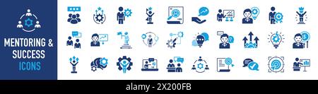 Mentoring and success icon set. concept with icon of goals, coaching, guidance, training, motivation, knowledge, support, and more. Vector icons. Stock Vector