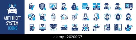 Anti theft system icons set. Such as hack, terrorist, password, detective, security room, malware, intercom, identity protection, alarm, lock icon. Stock Vector
