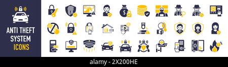 Anti theft system icons set. Such as hack, terrorist, password, detective, security room, malware, intercom, identity protection, alarm, lock icon. Stock Vector