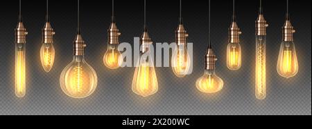 Glowing incandescent lightbulbs 3d realistic vector illustration set. Bright illumination equipment design. Lamps on transparent background Stock Vector