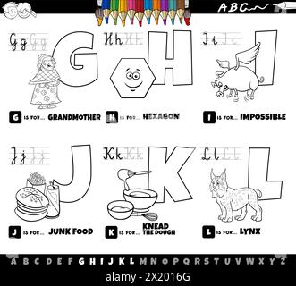 Black and white cartoon illustration of capital letters from alphabet educational set for reading and writing practise for children from G to L colori Stock Vector