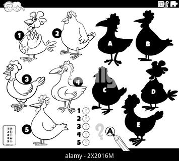 Cartoon illustration of finding the right shadows to the pictures educational game with hens or chickens animal characters coloring page Stock Vector