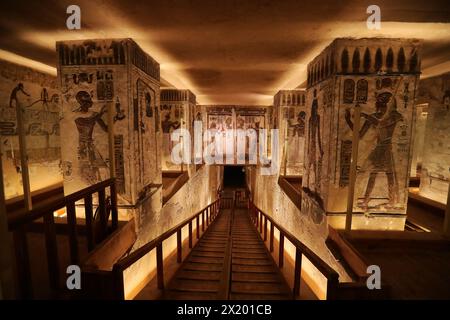 (240419) -- BEIJING, April 19, 2024 (Xinhua) -- This photo taken on April 8, 2024 shows mural paintings at the Valley of the Kings in Luxor, Egypt. Luxor, the ancient city of Thebes in southern Egypt, was the pharaohs' capital at the height of their power during the New Kingdom from the 16th century BC to the 11th century BC. Seen by many as the world's largest open-air museum, it is home to famous Tutankhamen's tomb in the Valley of the Kings and the ruins of the huge Karnak Temple Complex and Luxor Temple. The Yin Ruins, which is located in Anyang of central China's Henan Province, is the Stock Photo