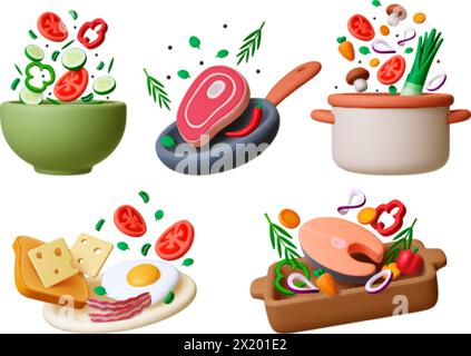 Cooking 3d scenes. Realistic food, kitchenware and pot. Fresh salad, breakfast, dinner and lunch meals. Flying meat, fish and vegetables pithy vector Stock Vector
