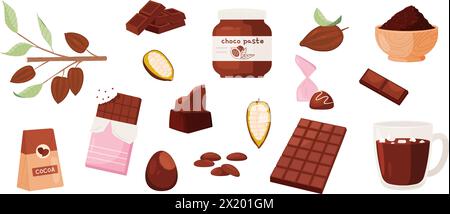 Cocoa products. Choco paste, chocolate bar, candies and powder in bowl. Hot coffee with marshmallow. Sweet tasty desserts, cartoon snugly vector set Stock Vector