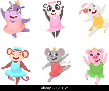 Ballet animals. Cartoon funny animals dancing in fashioned ballerinas clothes exact vector illustrations set Stock Vector