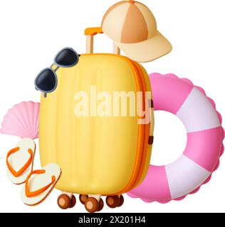 Summer beach travel 3d render concept. Realistic plastic suitcase, slippers and sunglasses. Pink shell and inflatable lifebuoy, vector isolated scene Stock Vector