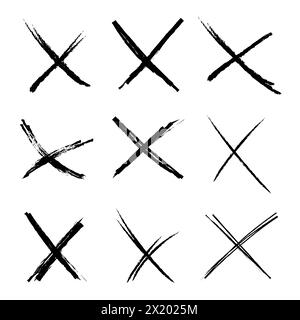 Cross sketch grunge scribble set X shape sign, mark on white background. Strikethrough textured brush charcoal or marker hand drawn lines. Vector illustration Stock Vector