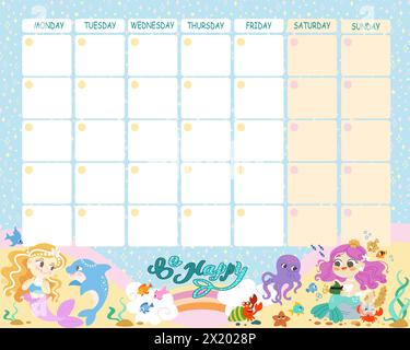 School timetable. Weekly schedule vector template for school students. Learning notebook, girls stationery. Vector cartoon concept. Cute mermaids with Stock Vector