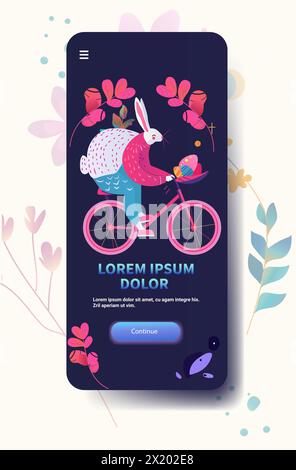 Happy Easter greeting card with rabbit riding on bike spring holiday celebration card vertical copy space Stock Vector