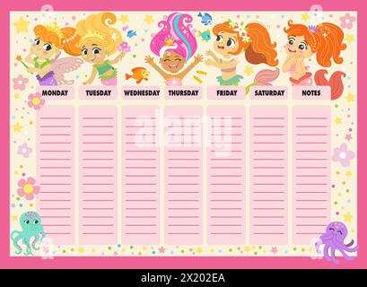 School timetable. Weekly schedule vector template for school students. Learning notebook, girls stationery. Vector cartoon concept. Cute mermaids with Stock Vector