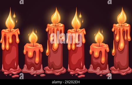 Vector festive border of cartoon candles with lights on dark background. Holiday and joy. Horizontal frieze with red wax candles for mobile games Stock Vector