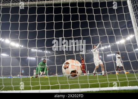 Rome, Italy. 18th Apr, 2024. Roma's Paulo Dybala scores his goal during the UEFA Europa League Quarter Final 2nd leg match between Roma and AC Milan in Rome, Italy, April 18, 2024. Credit: Augusto Casasoli/Xinhua/Alamy Live News Stock Photo