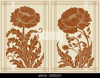 Frame with a peony in the style of Victorian Art Nouveau. Beautiful peony modern vintage floral composition 1920-1930 years. Stock Vector