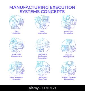 Manufacturing execution systems blue gradient concept icons Stock Vector