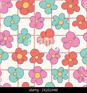 Retro 60s groovy psychedelic floral seamless pattern background. Cartoon hippie style bright flowers. Stock Vector