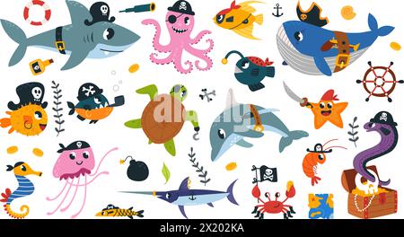 Sea animals pirates. Underwater adventures characters with pirate elements. Funny shark and octopus, jellyfish and seahorse, classy vector set Stock Vector