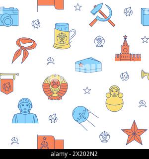 Seamless pattern with Soviet union symbols. Hammer and sickle, USSR coat of arms, Kremlin and pioneer organization emblems. Vector illustration. Stock Vector