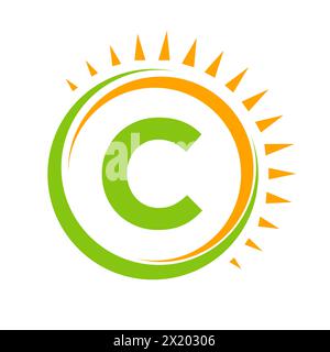 Solar Logo On Letter C Concept With Sun Icon. Solar System Symbol Stock Vector