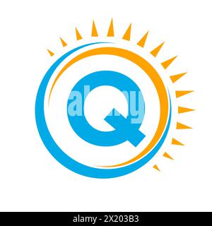 Solar Logo On Letter Q Concept With Sun Icon. Solar System Symbol Stock Vector