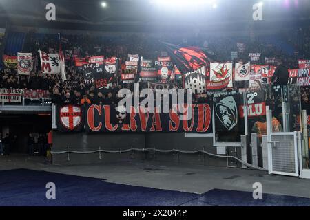 Milan fans during the Uefa Europa League quarter final second leg match AS Roma v Milan at Olimpico stadium in Rome, Italy. 18th Apr, 2024. AllShotLive Credit: Sipa USA/Alamy Live News Stock Photo