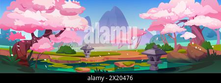 Japan forest with pond and flower garden in spring cartoon background. Japanese mountain landscape and cherry blossom scene. Outdoor sakura environment with swamp in march art drawing illustration Stock Vector