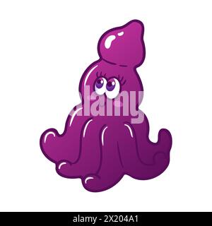 Cartoon purple octopus. Cute monster. An alien similar to a cuttlefish or squid. Neon colors, Y2k. Space flights, the future. Halloween stickers, desi Stock Vector