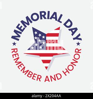Memorial Day emblem with American flag in a star shape. Remember and honor logo. Memorial holiday for American independence day. Red and blue color. Stock Vector