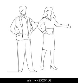 Simple continuous line drawing vector illustration of Businessman and businesswoman having a business discussion. Effective communication in business Stock Vector