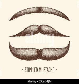 Brown stippled vintage mustache. Curly facial hair. Hipster beard. Stippling, dot drawing and shading, stipple pattern, halftone effect. Vector Stock Vector