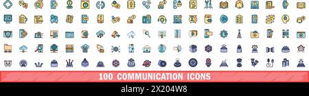 100 communication icons set. Color line set of communication vector icons thin line color flat on white Stock Vector