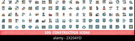 100 construction icons set. Color line set of construction vector icons thin line color flat on white Stock Vector
