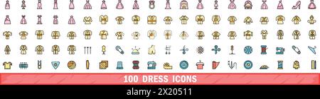 100 dress icons set. Color line set of dress vector icons thin line color flat on white Stock Vector