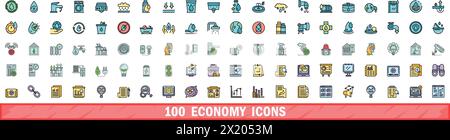 100 economy icons set. Color line set of economy vector icons thin line color flat on white Stock Vector