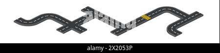 Isometric asphalt road with crosswalk and intersections isolated on white background. Vector illustration of city highway for car traffic. pathway construction with crossroad for town map track. Stock Vector