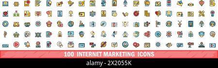 100 internet marketing icons set. Color line set of internet marketing vector icons thin line color flat on white Stock Vector
