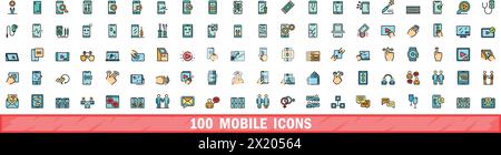 100 mobile icons set. Color line set of mobile vector icons thin line color flat on white Stock Vector