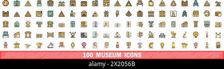 100 museum icons set. Color line set of museum vector icons thin line color flat on white Stock Vector