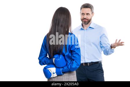 business partners fighting in boxing gloves isolated on white. anger management. business fight with two businesspeople. businesspeople fight against Stock Photo