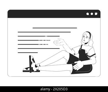 Woman pointing on website text block black and white 2D line cartoon character Stock Vector