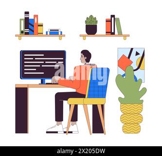 Indian employee working at home office 2D linear cartoon character Stock Vector
