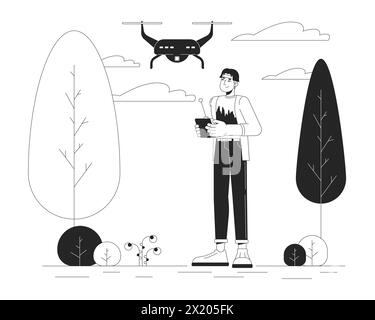 Korean man with drone in park black and white cartoon flat illustration Stock Vector