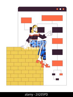 Woman developer building website wireframe 2D linear cartoon character Stock Vector