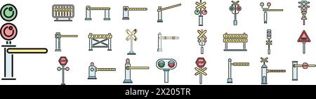 Railroad barrier icons set outline vector. Crossing railway. Sign barrier thin line color flat on white Stock Vector