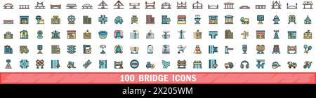 100 bridge icons set. Color line set of bridge vector icons thin line color flat on white Stock Vector
