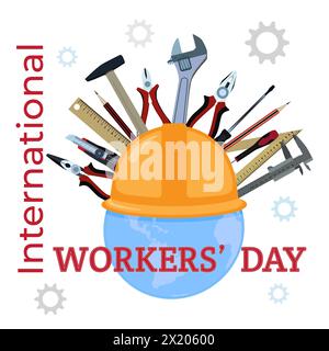 International Workers Day banner, sign, vector illustration. Labor Day design element with planet Earth in worker hard hat with work tools. Stock Vector